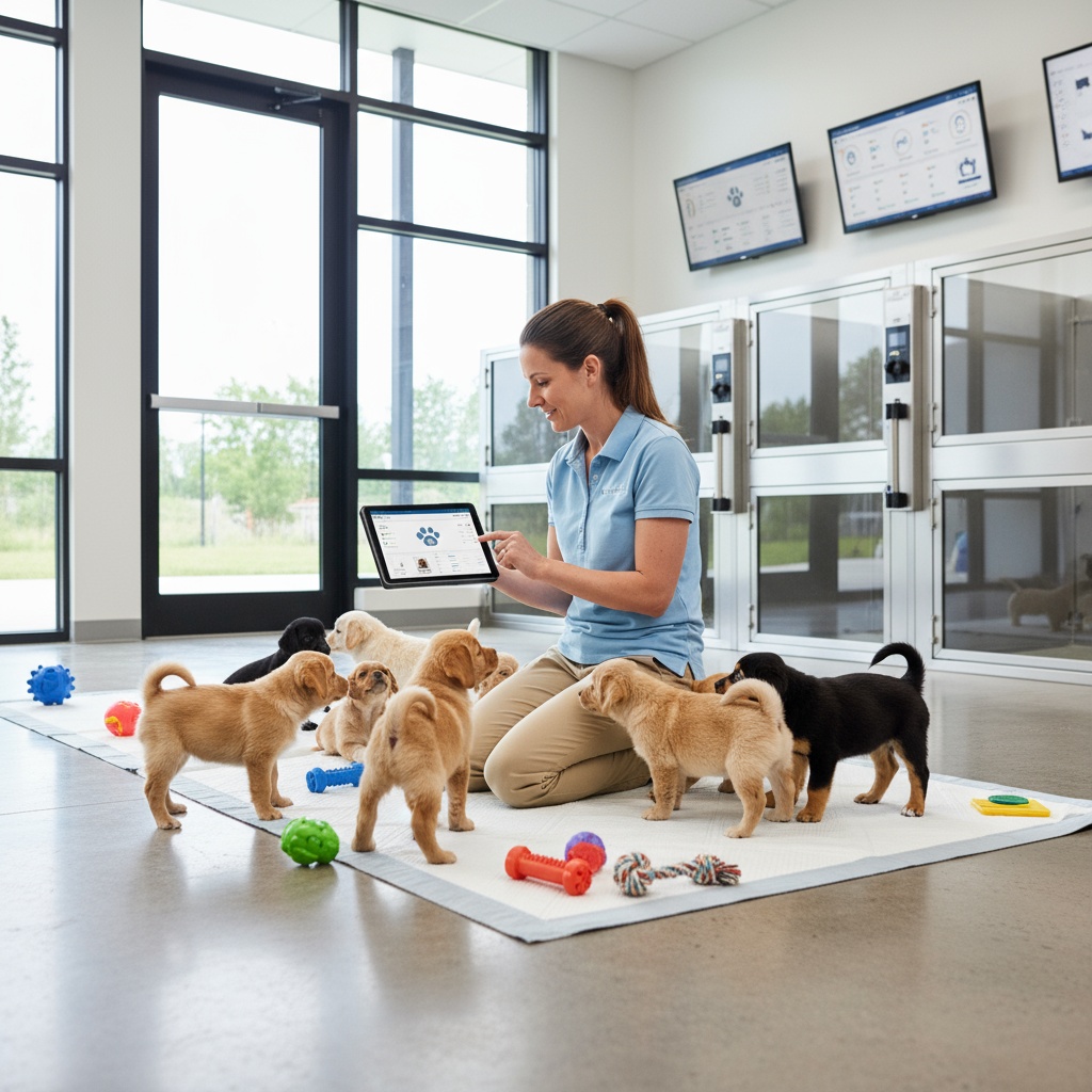 Professional veterinarian with puppies in modern pet care facility